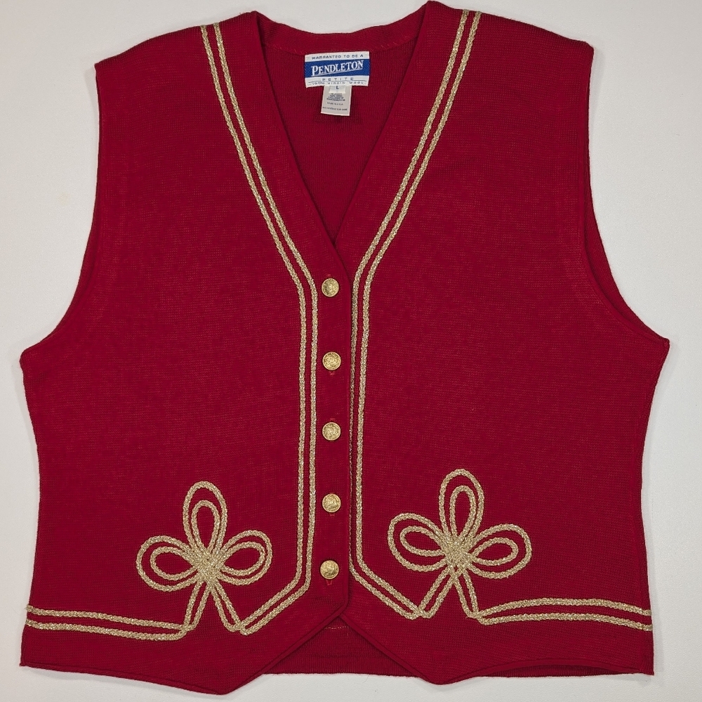 Vintage Pendleton red, virgin wool vest w gold buttons & rope like trim. Large P
